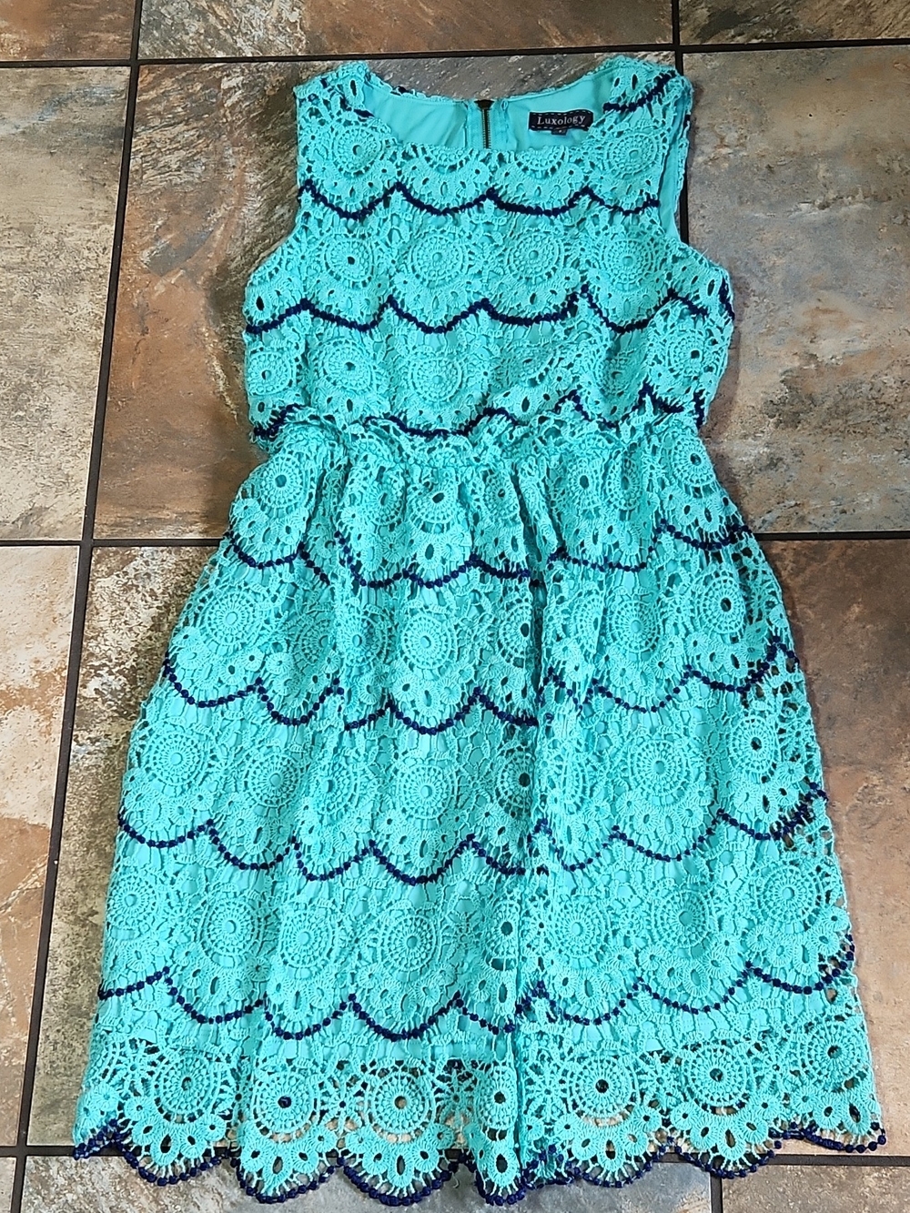 Luxology Aqua Crochet Lace Dress with Navy Scalloped Accents